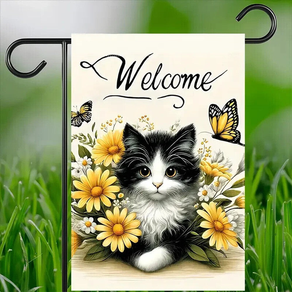 Charming Kitten & Flowers Welcome Burlap Garden Flag Double-Sided 12" x 18" NEW! Home & Garden:Yard, Garden & Outdoor Living:Décor:Flags Style Your Walls